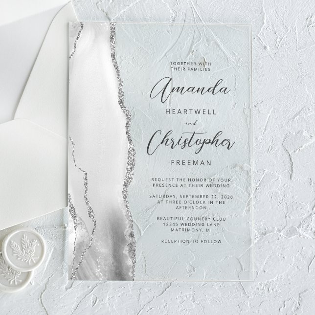 Agate Grey Silver Script Wedding Acrylic Invitations (Creator Uploaded)