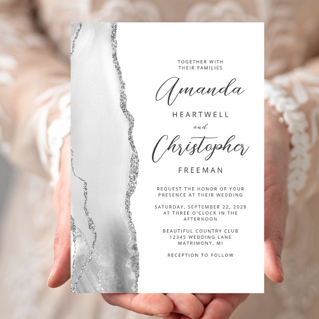 Agate Grey Silver Script Wedding Invitation (Creator Uploaded)