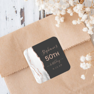 Agate Grey White Rose Gold Dark 50th Birthday Square Sticker