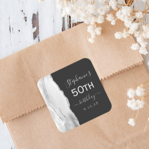 Agate Grey White Silver Dark 50th Birthday Square Sticker