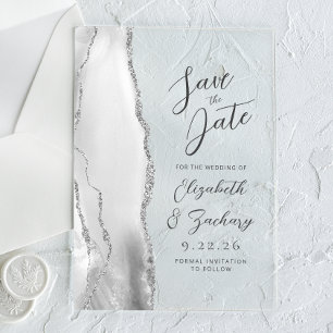 Agate Grey White Silver Modern Script Wedding Acrylic Invitations