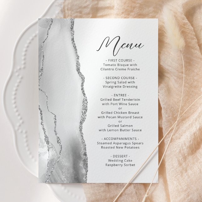 Agate Grey White Silver Modern Script Wedding Menu (Creator Uploaded)