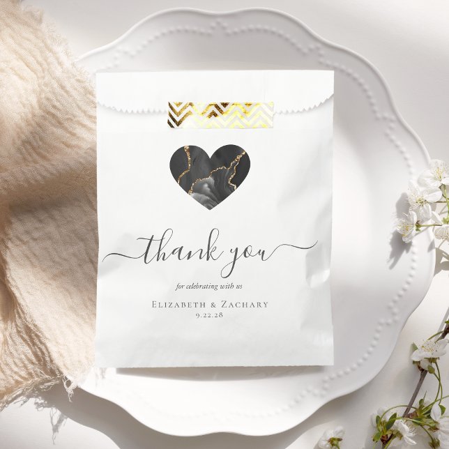 Agate Heart Script Thank You Black Gold Wedding Favour Bags (Creator Uploaded)