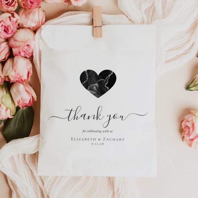 Agate Heart Script Thank You Black Silver Wedding Favour Bags (Creator Uploaded)