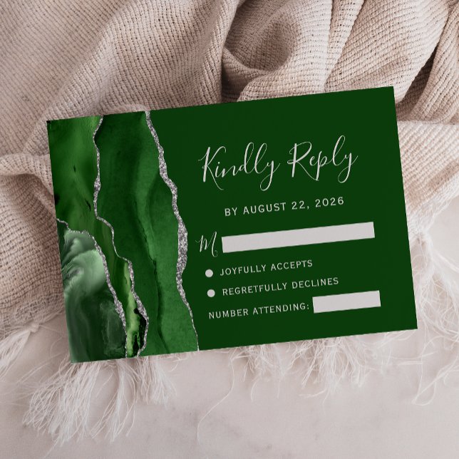 Agate Hunter Green Silver Wedding RSVP Card (Creator Uploaded)