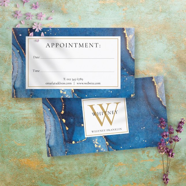 Agate Marble Blue Gold Monogram Appointment Card (Creator Uploaded)