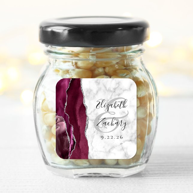 Agate Marble Burgundy Silver Script Wedding Square Sticker (Creator Uploaded)