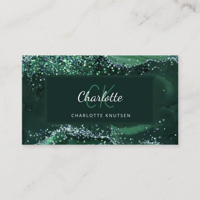 Agate marble green monogram  business card (Front)
