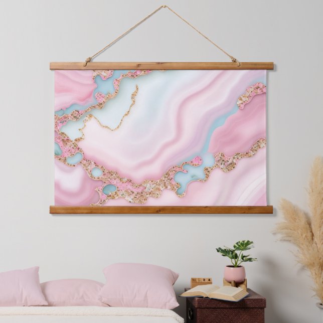Agate Marble Modern Blue Pink Gold Collection Hanging Tapestry (Bedroom)