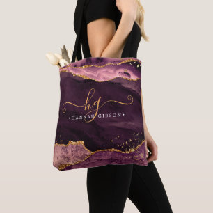 Agate Marble Monogram Burgundy Gold Glitter Tote Bag