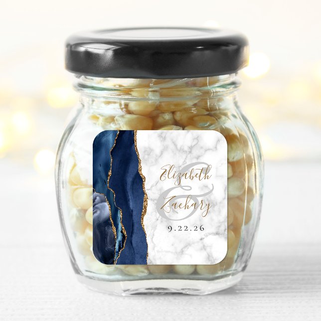 Agate Marble Navy Blue Gold Script Wedding Square Sticker (Creator Uploaded)