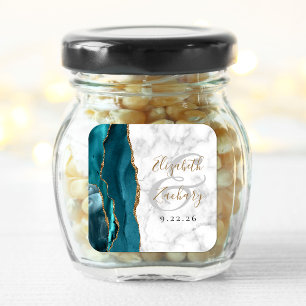 Agate Marble Teal Blue Gold Script Wedding Square Sticker