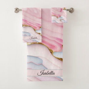 Agate Marble Trendy Blue Pink Gold Collection Bath Towel Set