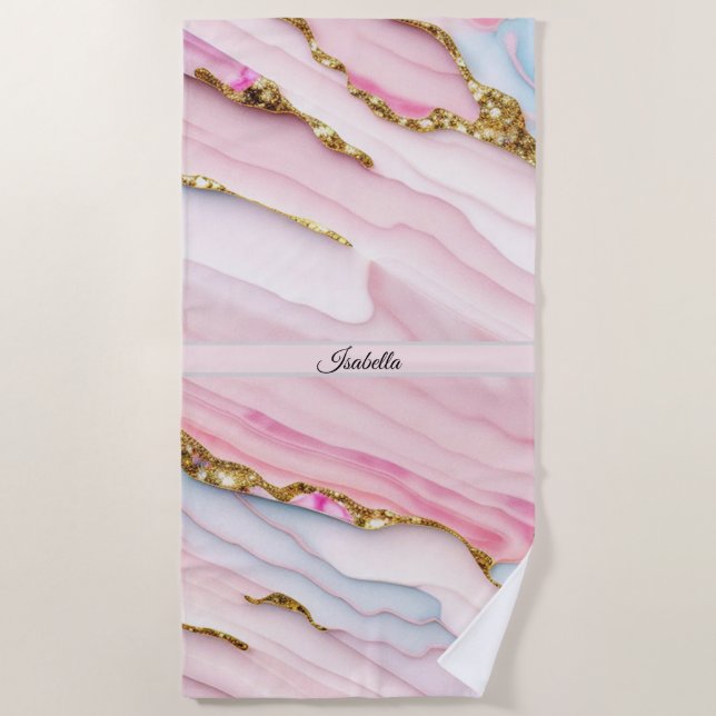 Agate Marble Trendy Blue Pink Gold Collection Beach Towel (Front)