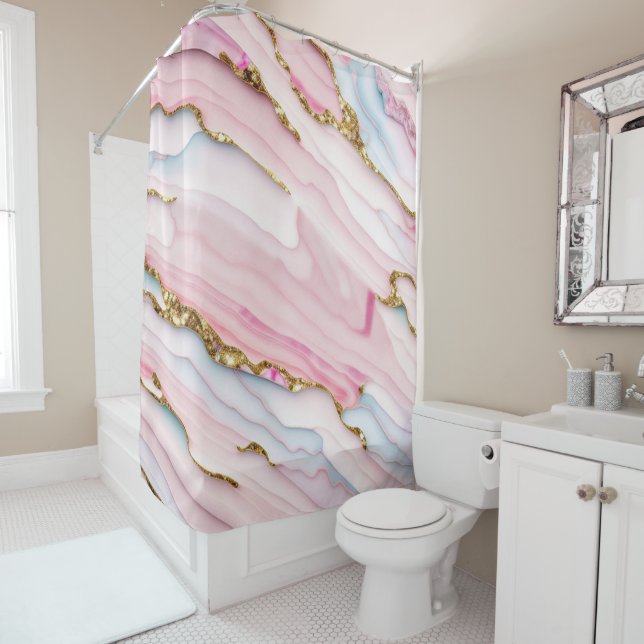 Agate Marble Trendy Blue Pink Gold Collection Shower Curtain (In Situ)
