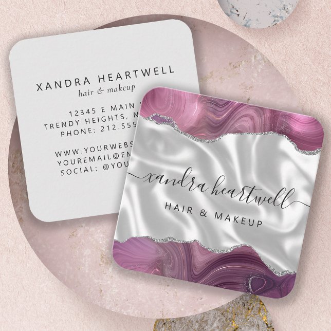 Agate Mauve Silver Glitter Silk Rounded Corners Square Business Card (Creator Uploaded)