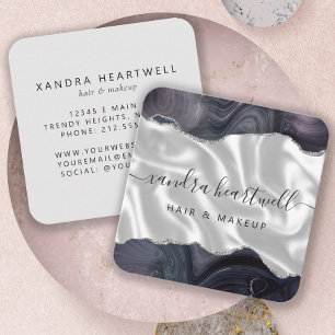 Agate Moody Grey Silver Luxury Rounded Corners Square Business Card
