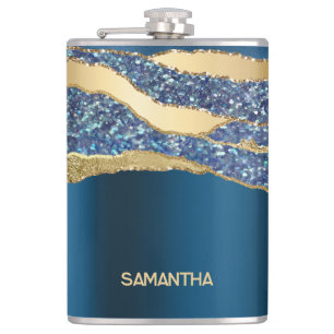 Agate name blue gold glitter marble classy hip flask