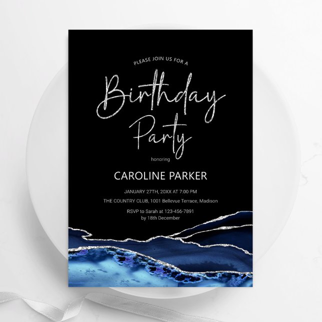 Agate Navy Blue Black Silver Birthday Any Age Invitation (Creator Uploaded)