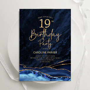Agate Navy Blue Gold 19th Birthday Invitation