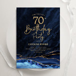 Agate Navy Blue Gold 70th Birthday Invitation<br><div class="desc">Navy blue and gold agate 70th birthday party invitation. Elegant modern design featuring royal blue watercolor agate marble geode background,  faux glitter gold and typography script font. Trendy invite card perfect for a stylish women's bday celebration. Printed Zazzle invitations or instant download digital printable template.</div>
