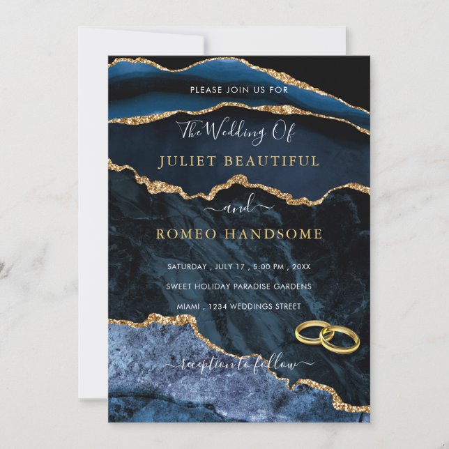 Agate Navy Blue Gold Champagne Wedding Invitation (Front)