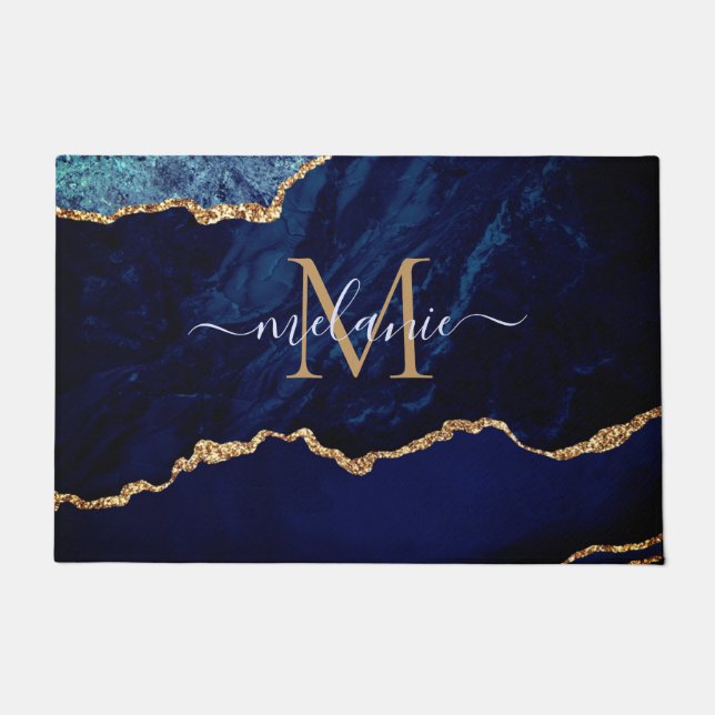 Agate Navy Blue Gold Custom Letter Name Doormat (Front)