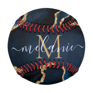 Agate Navy Blue Gold Custom Name Letter Baseball