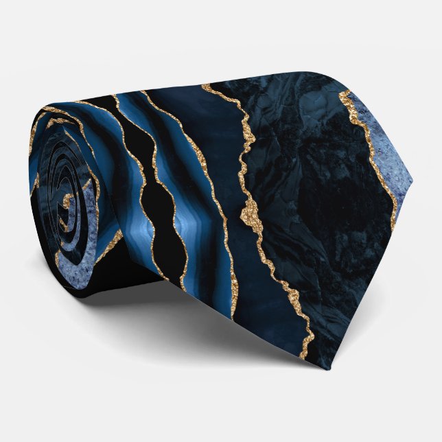 Agate Navy Blue Gold Elegant Neck Tie (Rolled)