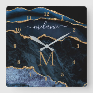 Agate Navy Blue Gold Gemstone Marble Custom Name Square Wall Clock