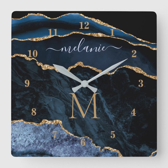 Agate Navy Blue Gold Gemstone Marble Custom Name Square Wall Clock (Front)