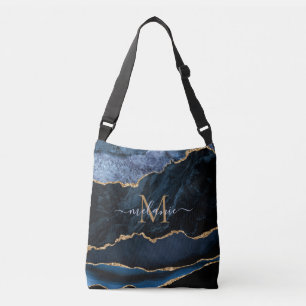 Agate Navy Blue Gold Gemstone Marble Monogram Crossbody Bag