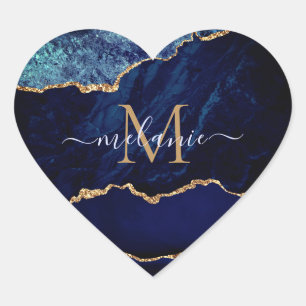 Agate Navy Blue Gold Gemstone Marble Monogram Heart Sticker