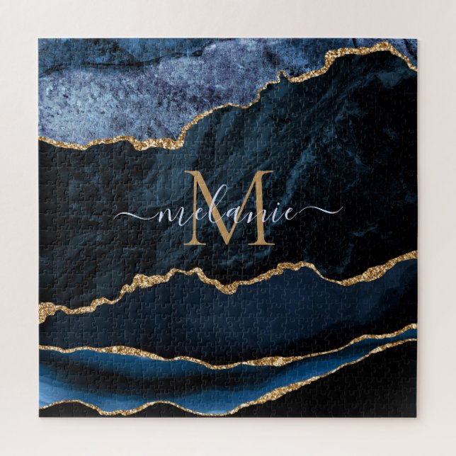 Agate Navy Blue Gold Gemstone Marble Monogram Jigsaw Puzzle (Vertical)