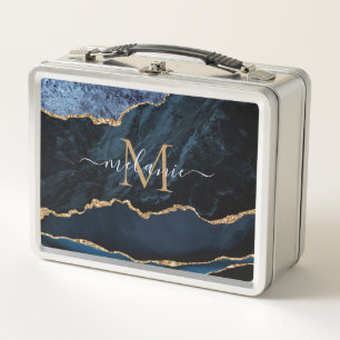Agate Navy Blue Gold Gemstone Marble Monogram Metal Lunch Box