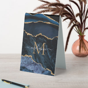Agate Navy Blue Gold Gemstone Marble Monogram Name