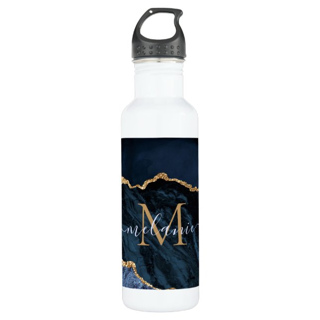 Agate Navy Blue Gold Gemstone Marble Monogram Name 710 Ml Water Bottle (Front)