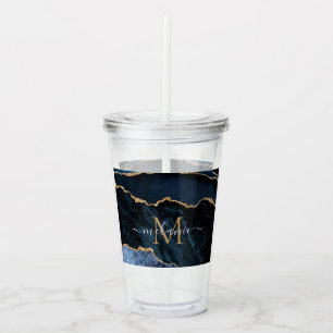 Agate Navy Blue Gold Gemstone Marble Monogram Name Acrylic Tumbler