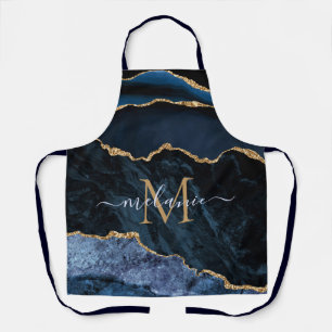 Agate Navy Blue Gold Gemstone Marble Monogram Name Apron