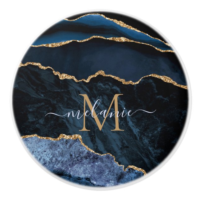 Agate Navy Blue Gold Gemstone Marble Monogram Name Ceramic Knob (Front)