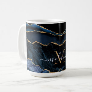 Agate Navy Blue Gold Gemstone Marble Monogram Name Coffee Mug