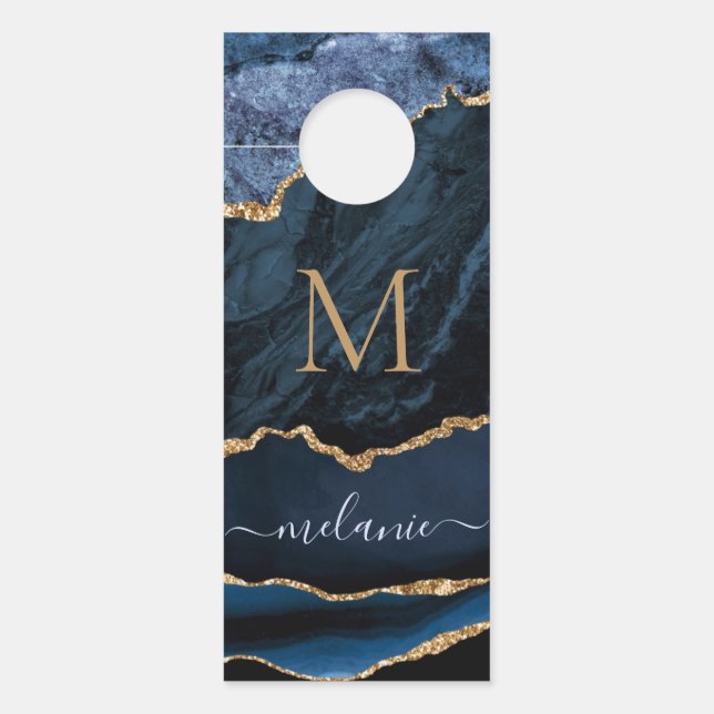 Agate Navy Blue Gold Gemstone Marble Monogram Name Door Hanger (Front)