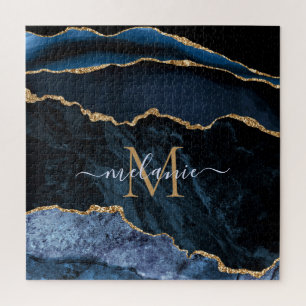 Agate Navy Blue Gold Gemstone Marble Monogram Name Jigsaw Puzzle