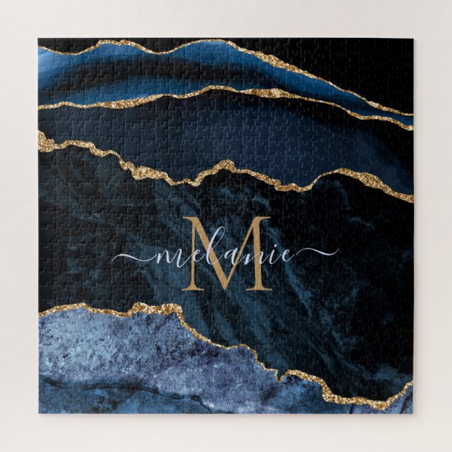 Agate Navy Blue Gold Gemstone Marble Monogram Name Jigsaw Puzzle (Vertical)