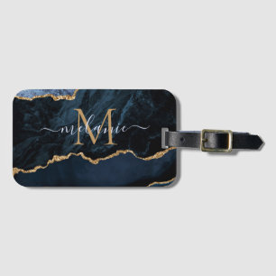 Agate Navy Blue Gold Gemstone Marble Monogram Name Luggage Tag