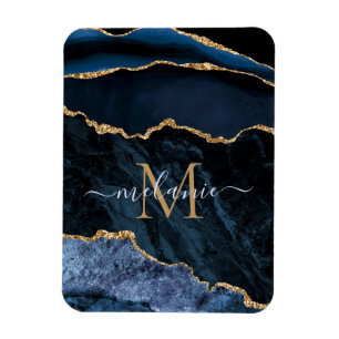 Agate Navy Blue Gold Gemstone Marble Monogram Name Magnet