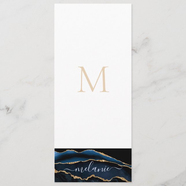 Agate Navy Blue Gold Gemstone Marble Monogram Name Menu (Front)