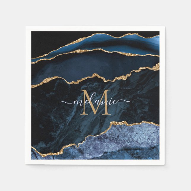 Agate Navy Blue Gold Gemstone Marble Monogram Name Napkin (Front)