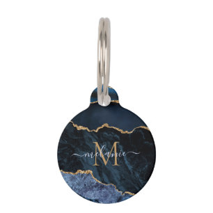 Agate Navy Blue Gold Gemstone Marble Monogram Name Pet Tag