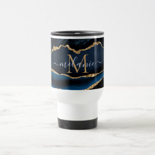 Agate Navy Blue Gold Gemstone Marble Monogram Name Travel Mug